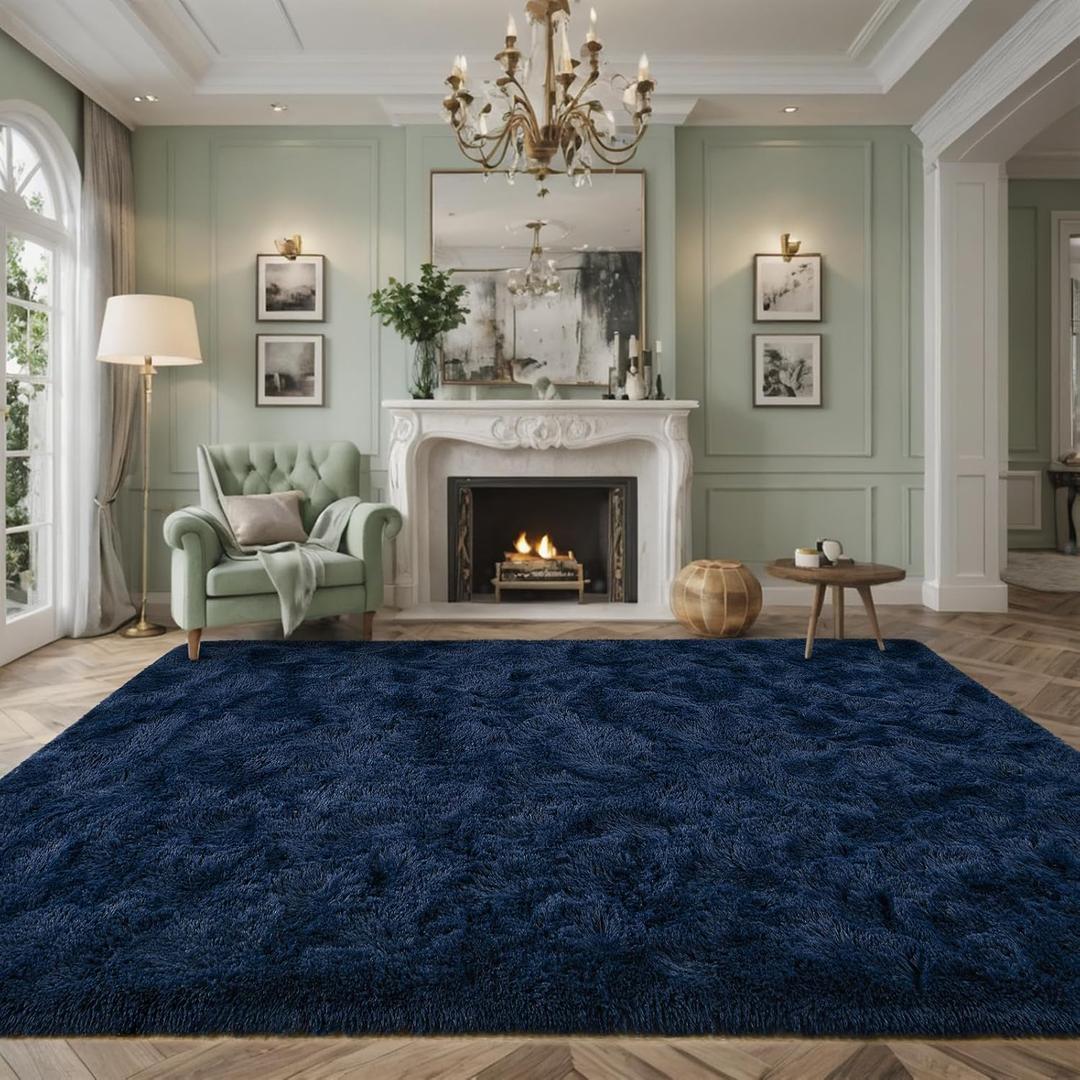 Nuttumico Extra Large Fluffy Shag Area Rug for Living Room, 8x10 ft Navy Blue Fuzzy Plush Rugs for Bedroom, Kids Girls Boys Room, Nursery Dorm Room, Office, Luxury Home Decor
