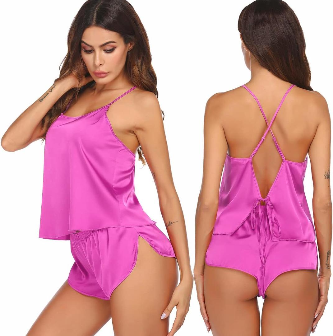 Ekouaer Silk Pajamas Set for Women Satin Backless Lingerie Pjs Cami Top and Shorts Nightwear (Small, Rose Red)