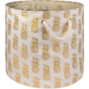 DII Polyester Storage Bin, Gold Metallic Collection Collapsible with Handles, Large Round, Pineapple