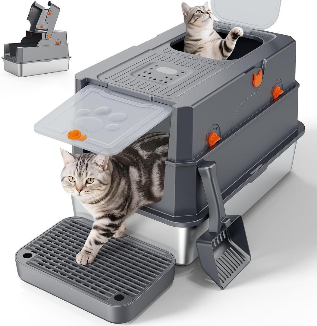 FURTIME Stainless Steel Litter Box with Lid, Large Enclosed Cat Litter Box for Big Cats, Metal Cat Box with High Sided Enclosure & Scoop, Front & Top Entry, Odor Free, Anti-Leakage, Grey X-large