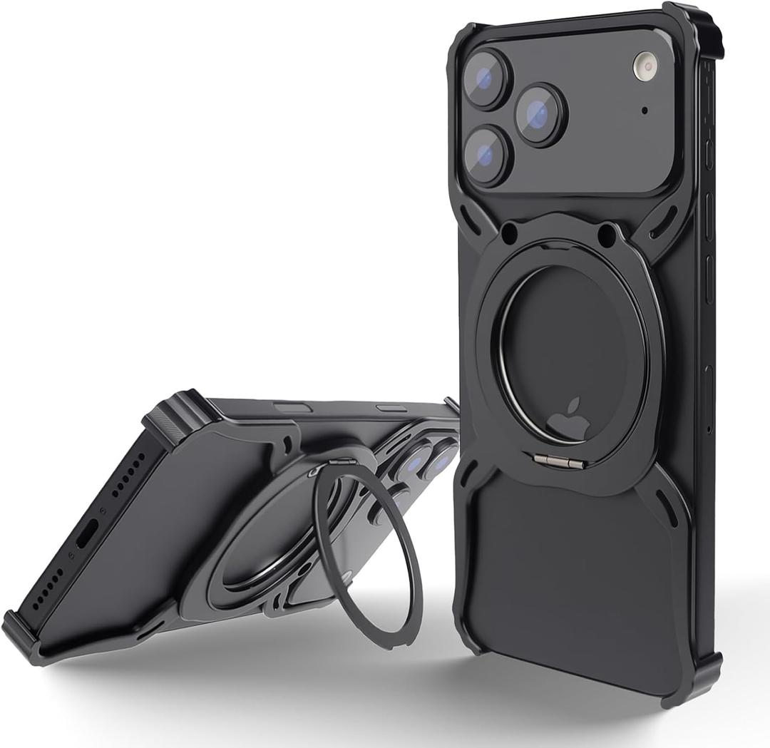 for iPhone 17 Pro Max Metal Bumper Case Frameless with Kickstand & Magnetic, Compatible with Magsafe, Aluminum Alloy No Back No Frame Slim Design 4 Corners Shockproof (Black)