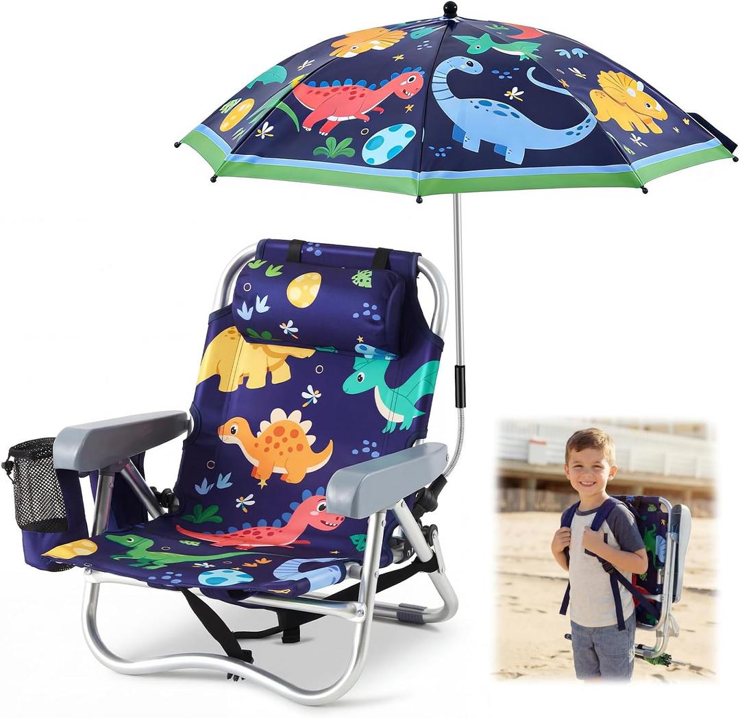 Yalikop Kids Beach Chair with 4 Positions Seaside Beach Chair with Umbrella Kids Folding Camping Seating for Boy Girls Children Sand Camping Travel Outdoor Summer Supply(Dinosaur Theme)