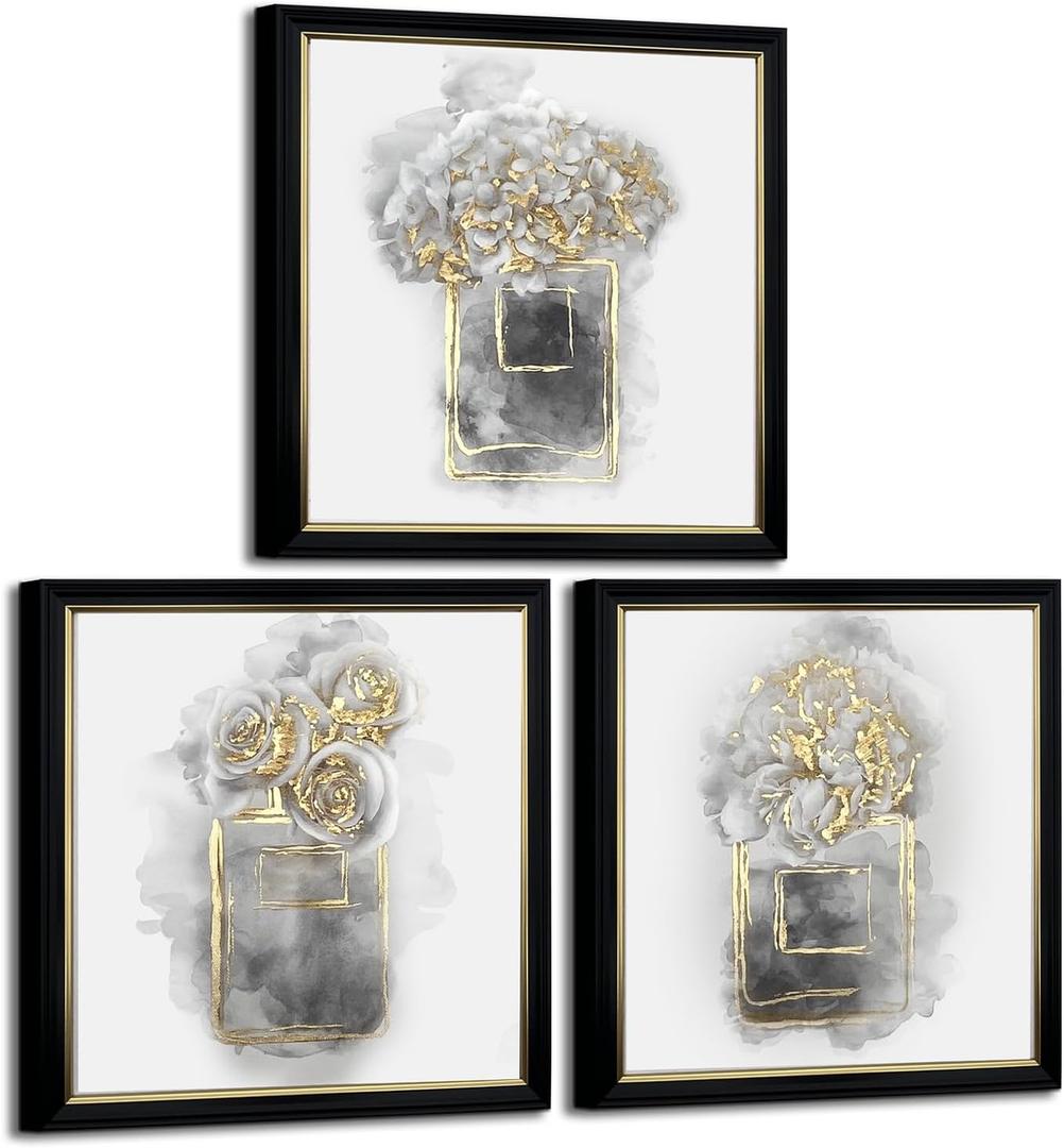 HOMEOART Gold Grey Bathroom Wall Decor Picture Elegant Flower Painting, with Black Gold Frame, Ready to Hang 12x12inchx3Pieces