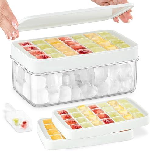 Ice Cube Tray with Lid and Bin, Ice Cube Trays for Freezer with 2 Trays, Easy Release Stackable Square Ice Cube Mold, Ice Tray with Storage Container for Drinks, Whiskey, Coffee, 54 Pcs, White
