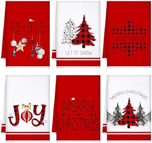 Geyoga 6 Pcs Merry Christmas Kitchen Towels Buffalo Plaid Xmas Tree Dish Towels Hand Towel Tea Towel Absorbent Soft Drying Cloth for Holiday Housewarming Gifts, 16x24 Inch (Red White)