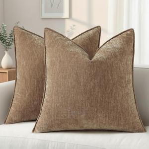 decorUhome Summer Couch Euro Sham Throw Pillow Covers 22x22 Set of 2, Decorative Soft Velvet Modern Cozy Chenille Pillow Cases with Elegant Design for Sofa Bed Living Room Home Decor, Brown
