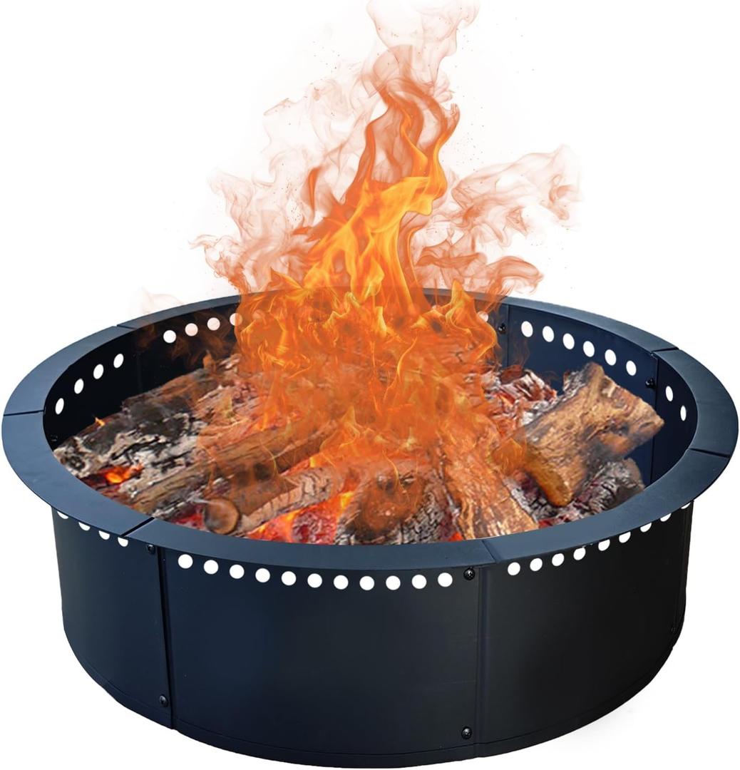 SoulMate Outdoor 35-Inch Outer/31-Inch Inner Fire Pit Ring Smokeless,Duty Solid Metal Steel Round Firepit Rim Insert for DIY Fire Pits, Outdoor Above or In-Ground, Camping Garden Patio Backyard. (Black)