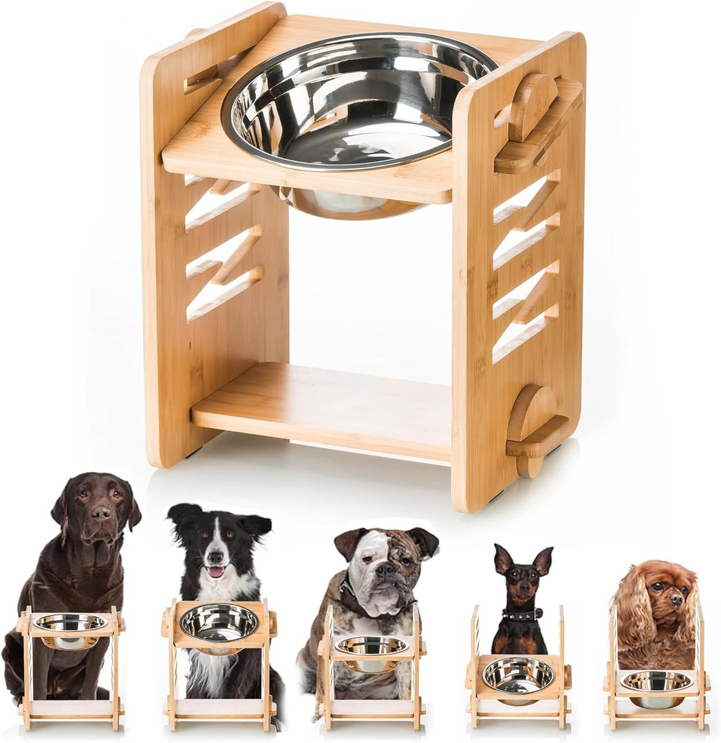 Elevated Dog Bowl 4.7-11.8 with Food Grade 304 Stainless Steel 51 OZ, 9 Heights Bamboo Dogs Bowl Stand for Medium and Large Dogs, 1 Pack