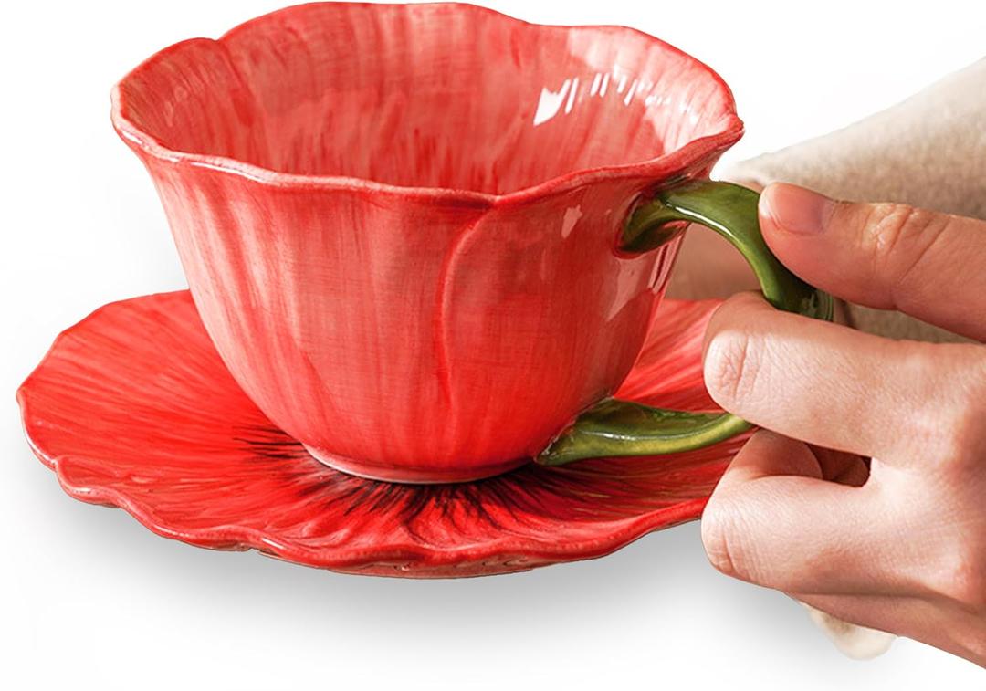 Coral Red Ceramic Flower Coffee Cup with Saucer, 10 Oz, Peony Floral Design, Dishwasher Safe, for Coffee, Tea, Dessert