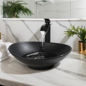16"x12" Bathroom Vessel Sink Bowl, Stone Resin Vessel Sink with Faucet and Drain Combo, Black Oval Modern Above Counter Sink