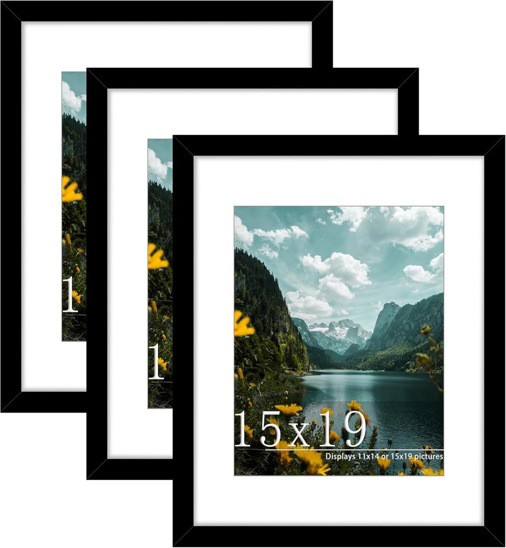 Picrit 15x19 Picture Frame 3 Pack, Black Poster Frame, Display Poster 11 x 14 with Mat or 15 x 19 without Mat for Horizontal or Vertical Wall Mounting