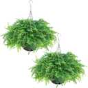 Artificial Ferns Plants with Hanging Basket-2 Set for Outdoor Decoration,Fake Boston Fern Hanging Planters Faux Greenery UV Resistant for Front Porch Patio Garden Farmhouse Home Decor (Green)