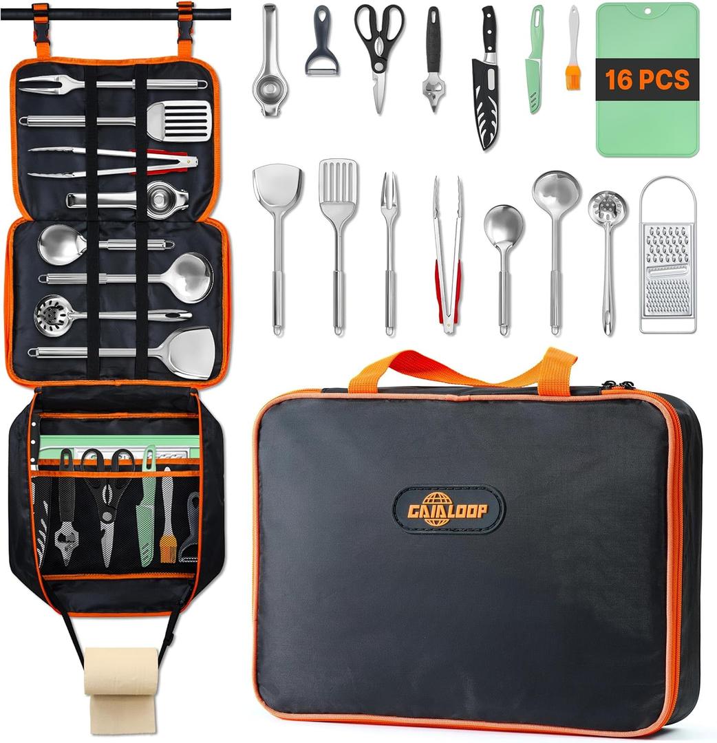 Portable Camping Cooking Utensils Set, Camp Kitchen & Campfire Cooking Equipment, RV Essentials, Camper Must-Haves Accessories, Outdoors Cookware, Christmas Stocking Stuffers Gifts