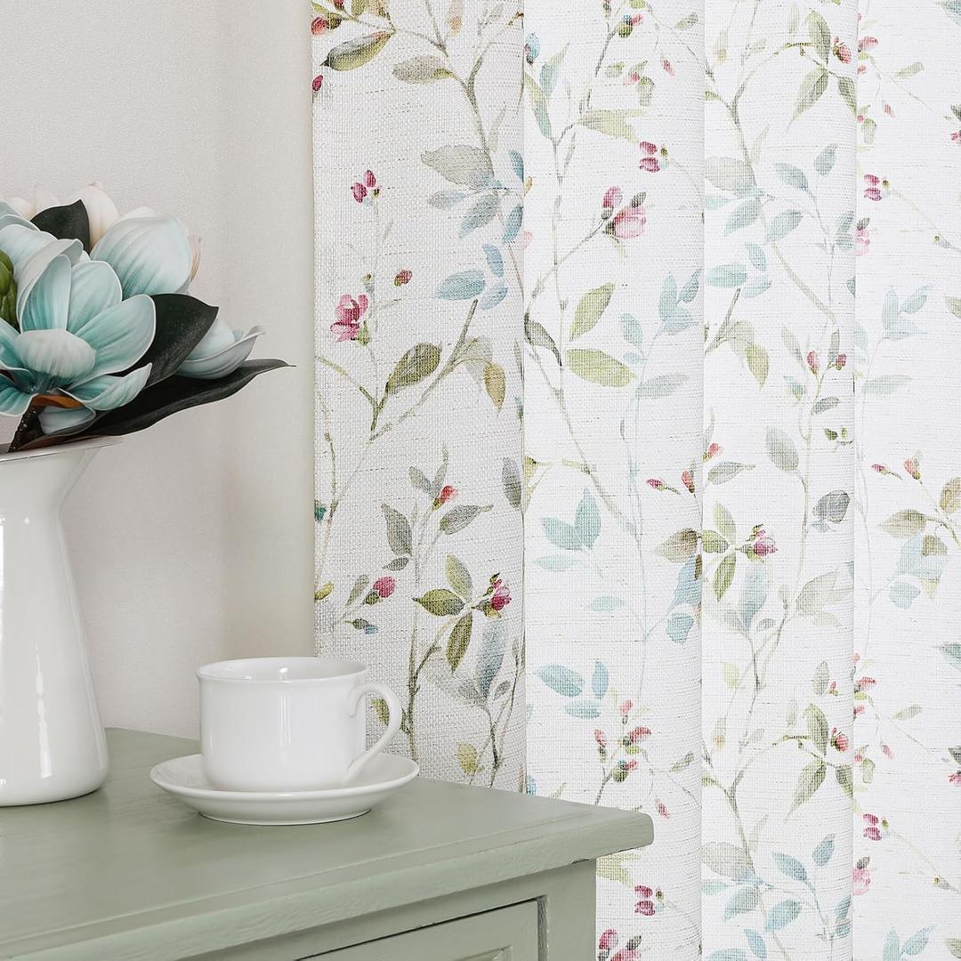 Chyhomenyc Roman Linen Blend Curtains 63 Inch Length 2 Panels Set, Light Filtering Floral Curtains Printed Drapes for Living Room Rod Pocket Textured Window Treatment, 38Wx63L Inch, 2 PCS (Multi Color)