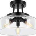 Modern Industrial Semi Flush Mount Ceiling Light with Clear Glass Shade, 3-Bulb Black Ceiling Light Fixture for Kitchen, Bedroom Living Room Porch Hallway, Entryway, E12 Socket, Bulbs Not Included (11in)