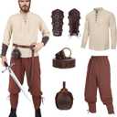 Renaissance Costume Men Medieval Pirate Shirt Ankle Banded Pants with Viking Accessories Pouch Belt Arm Guards (Medium, Brown)