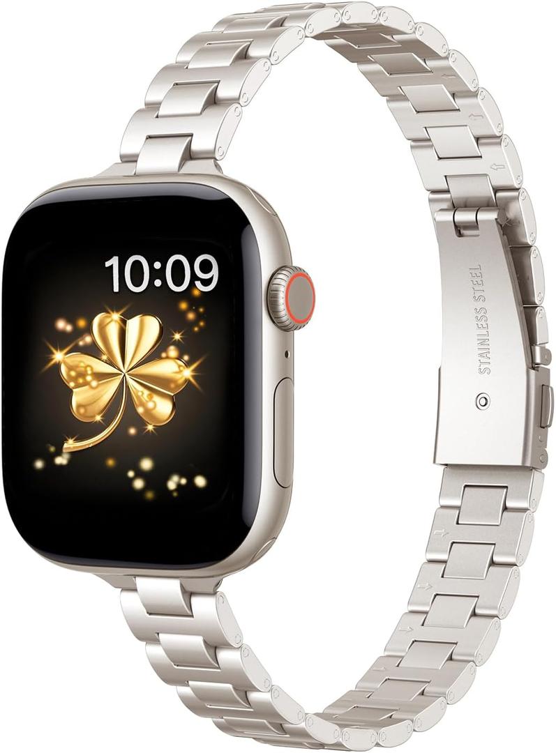 WFEAGL Slim Stainless Steel Band Compatible with Apple Watch 42mm 41mm 40mm 38mm Women, Elegant Dressy Jewelry Bracelet, Thin Lightweight Metal Strap for iWatch Series 11 10 9 8 7 6 5 4 3 2 1 SE, Starlight