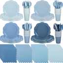 Qinyoung 388 Pcs Dusty Blue Plates and Napkins Party Supplies Tableware Include Disposable Scalloped Plate Paper Napkin Cup Plastic Cutlery for Baby Shower Party Wedding Birthday, 48 Sets