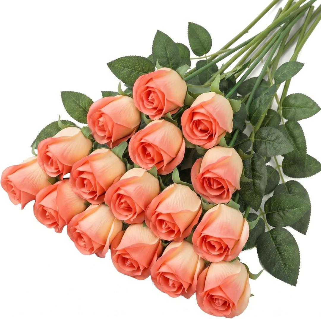 15 Pcs Champagne Rose Buds Silk Artificial Flower 17" Silk Bud Realistic Design Faux Rose Artificial Flower with Stem for DIY Bouquets Wedding Centerpiece Party Kitchen Home Decor