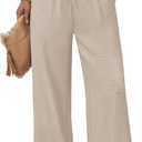 WIHOLL Wide Leg Pants Woman Flowy Palazzo Drawstring Elastic Waist Trousers with Pockets Casual Lounge (Beige, S)