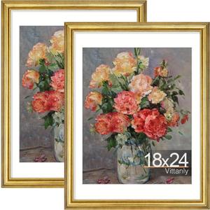 Vittanly 18x24 Picture Frames Set of 2, Ornate Vintage Photo Frame for Wall Mount, Display 16x20 Pictures with Mat or 18x24 without Mat, Rustic Gold