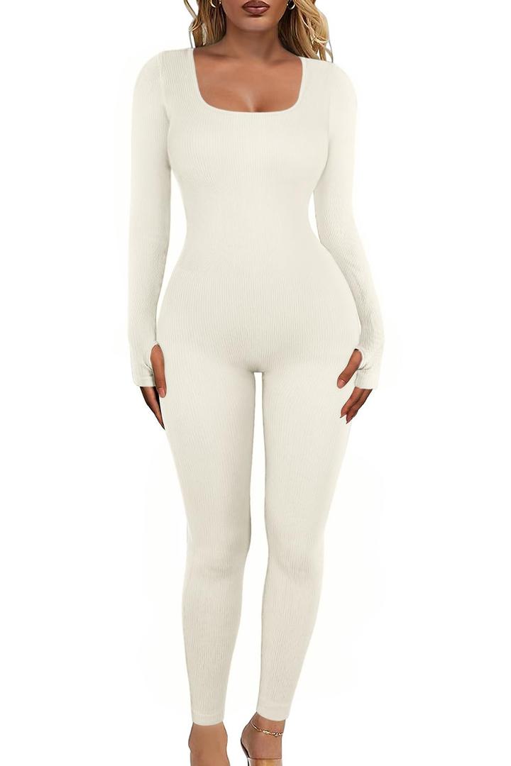 Vigorics Yoga Tummy Control Bodysuit Workout Long Sleeve Jumpsuit Exercise Shapewear Bodycon Sport Romper Beige M