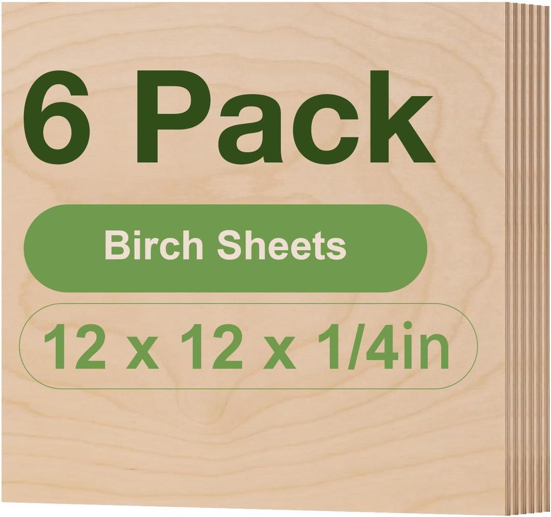 ROBOTIME 6-Pack 6mm Birch Plywood for Laser Cutting -12 x 12 x 1/4 Inch - Laser Engraving Blanks