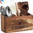 Acacia Wood Magnetic Utensil Holder Large Kitchen Silverware Holder with 3 Compartments for Fridge Counter Wooden Kitchen Countertop Organizer for Cooking Tools and Cutlery, Farmhouse Style