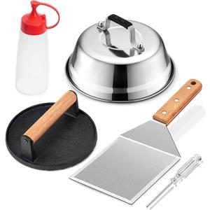 Griddle Accessories Smash Burger Kit (5Pcs), Joyfair Grill Spatula with 9in Melting Dome & Bacon Press Set, Stainless Steel Turner, Basting Cover, Cast Iron Press for Outdoor BBQ (Wooden Handle)