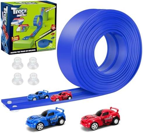 KETIEE Flex Tracks 16Ft for Kids: Flexible Race Car Ramp Track with 2 Small Racecars and 4 Suction Cups Compatible with Diecast 1/64th Cars, Rolls Up Portable Racetrack for Ages 3 & Up