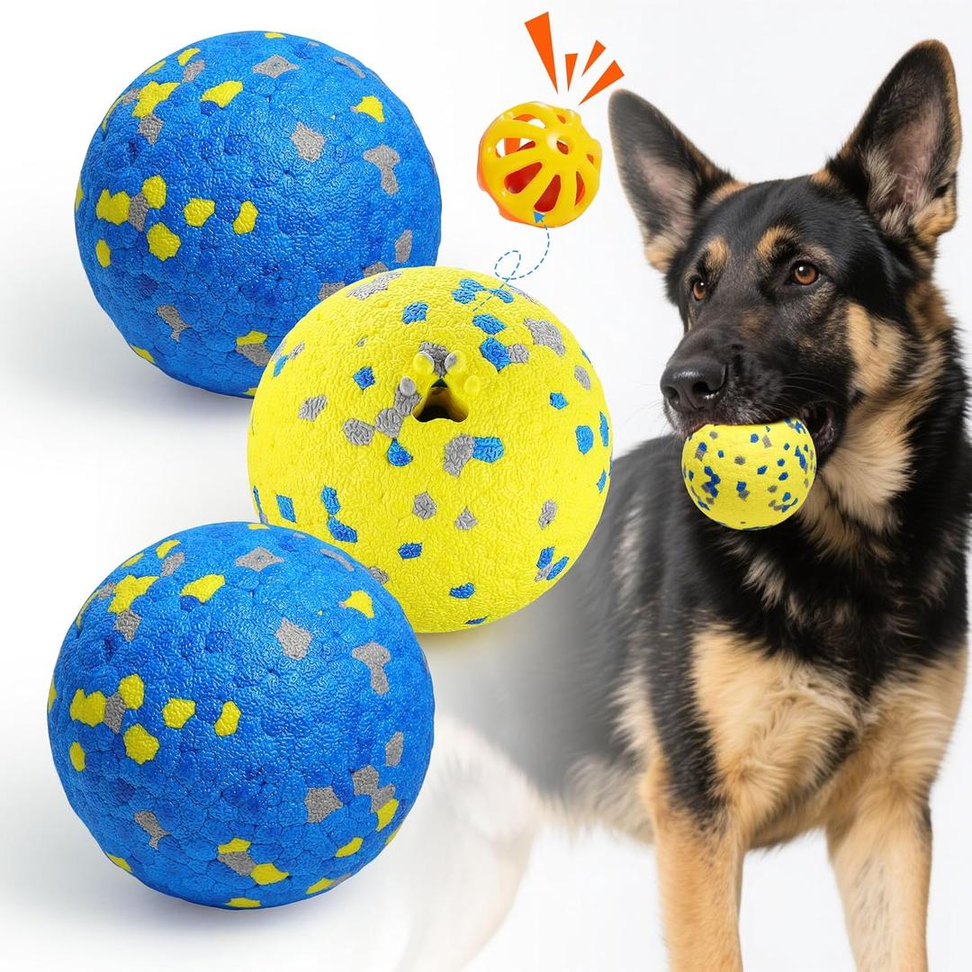 3PCS Dog Balls, Indestructible Dog Toys with Bell, Tennis Balls for Aggressive Chewers, Dog Teething Chew Toys for Small/Medium/Large Breeds(3 Inch)
