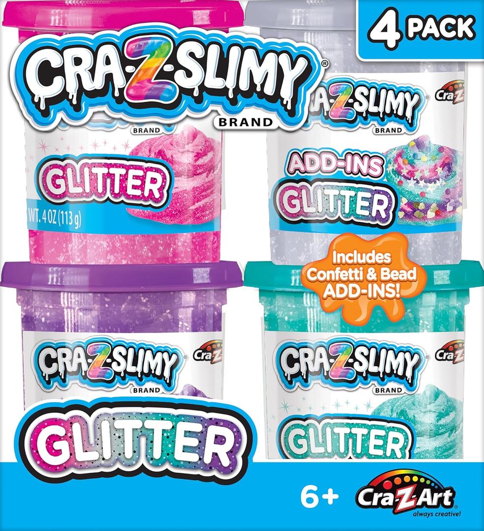 Cra-Z-Slimy Pack of 4 Glitter Slime Set Comes with 3 Colors of Pre-Made Glitter Slime and Glitter Add-Ins