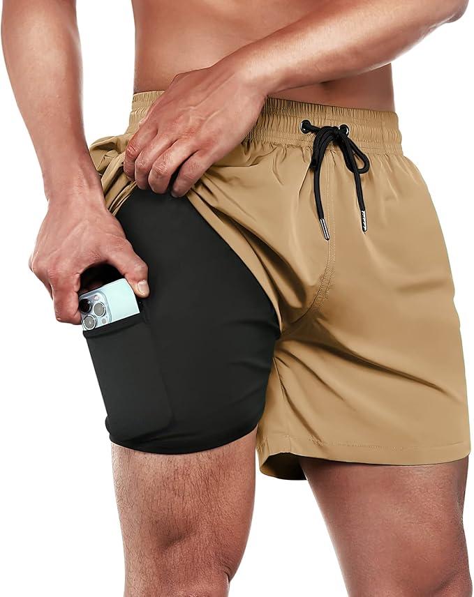 BRISIRA Mens Swim Trunks Swim Shorts Quick Dry 5 inch Inseam Beach Shorts with Compression Liner and Zipper Pocket, 34