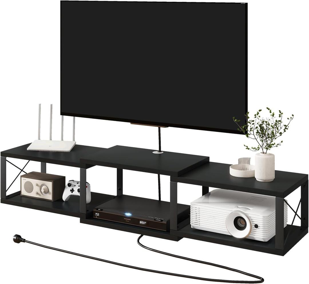 IBUYKE Floating TV Stand with Power Outlet,Wall-Mounted Floating Stand for TVs up to 55",Metal Wall Entertainment Center,Wall Mounted TV Shelf with Storage for Living Room Bedroom,Black UWST011B