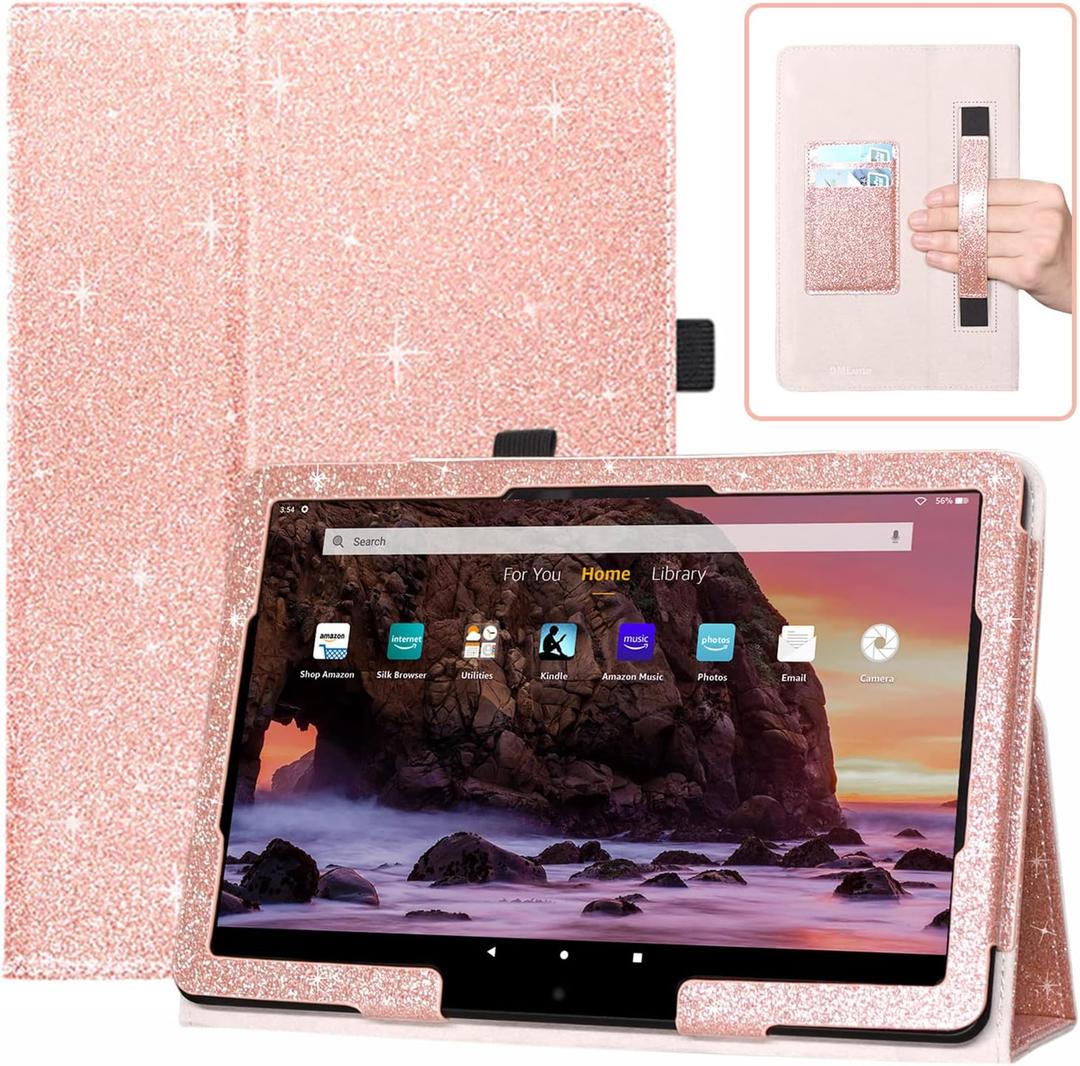 DMLuna Case for All-New Amazon Fire HD 10 & 10 Plus Tablet (13th / 11th Generation, 2023/2021 Release) 10.1", Slim Cover with Folding Stand, Auto Wake/Sleep, Hand Strap, Card Slot - Glitter Rose
