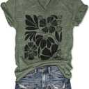 Women's T-Shirts V-Neck Boho Flowers Wildflowers Graphic Tees Shirts Cute Casual Summer Tops Short Sleeve T Shirt (Green, L)
