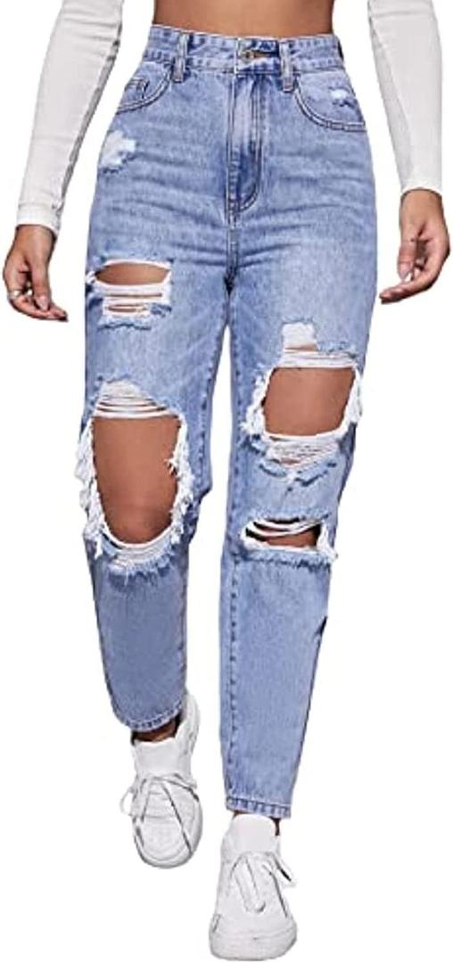LINUMIN Women's High Waist Straight Leg Ripped Jeans Distressed Denim Pants (Blue, XL)