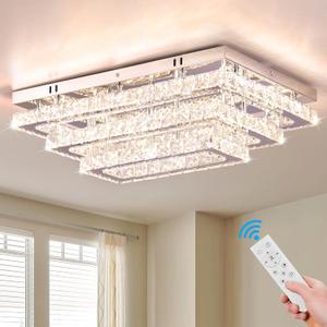Finktonglan Modern Crystal LED Ceiling Light Fixtures 20 Dimmable Rectangular Flush Mount Chandelier Ceiling Lights 3-Tiers Stainless Steel Ceiling Lamp Fixtures for Living Room Bedroom Dining Room