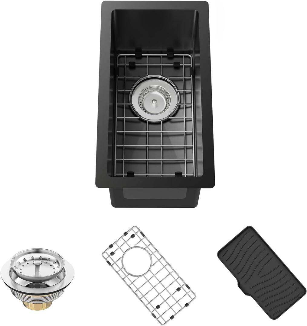 Black Kitchen And Bar Sink,10x18 Inch Stainless Steel Drop In Single Bowl Undermount RV Prep Small Kitchen&Bar Sink Ideal Choice For Small Space Come With Bottom Grid,Soap Mat And Drain Assembly