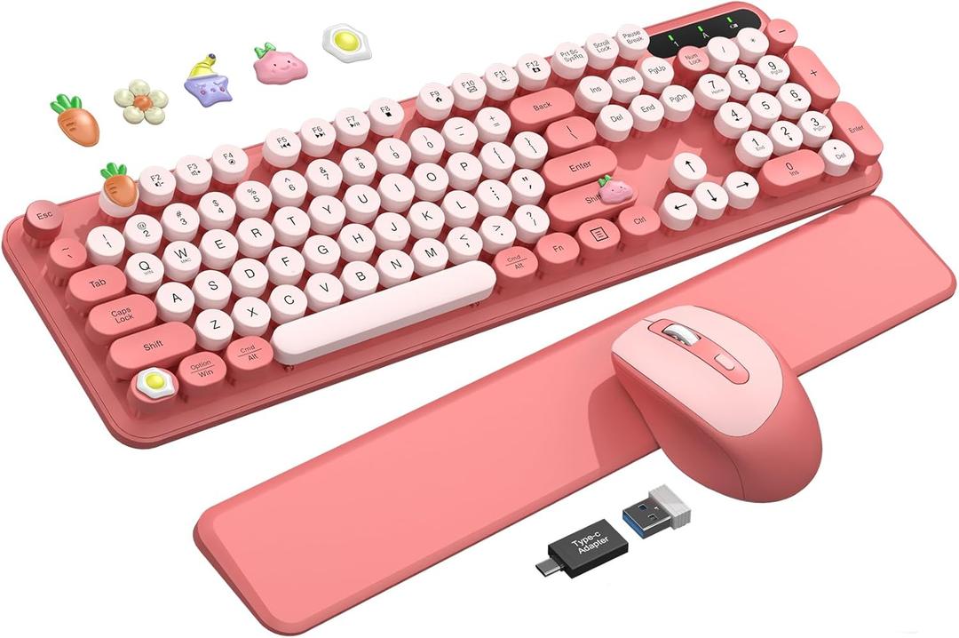 Wireless Keyboard and Mouse Combo, Typewriter Keyboard with Detachable Wrist Rest, Full-Size Retro Round Keycaps, Smart-Sleep, 2.4GHz Stable Connection for Mac/Windows/PC, Trueque(Blush Pink)
