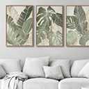 Large Framed Canvas Wall Art - Natural Float Framed Green Plantain Leaves Pictures Decor Brown Leaf Lines Painting Prints Rustic Botanical Artwork for Bedroom Living Room Decoration 60" X 28" Set of 3