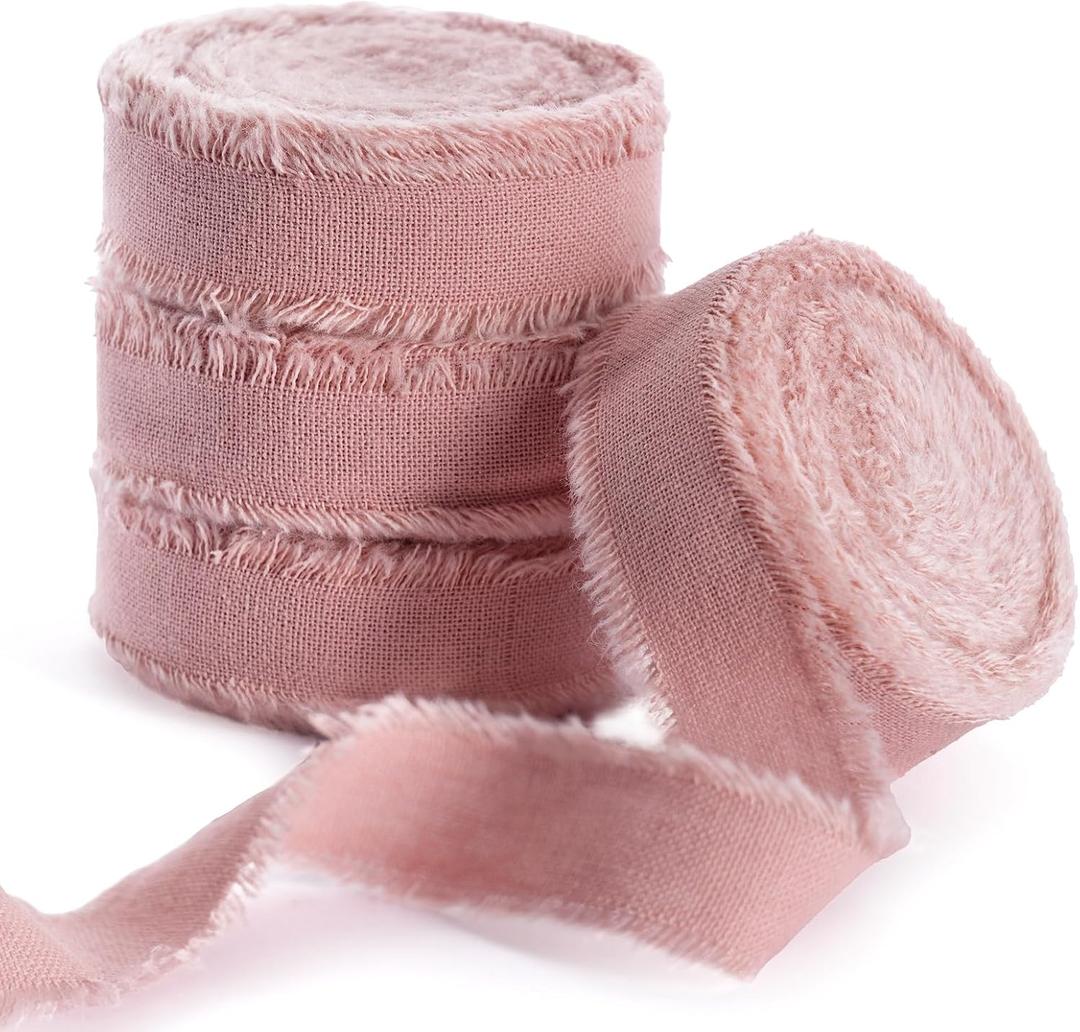 Natural Rustic Cotton Ribbon with Frayed Edge, Dusty Pink 100% Cotton Ribbon 5/8" x 24yds for Vintage Wedding Bouquets,Invitations,Baby Shower,Gift Wrapping,DIY Crafts,Home Decor