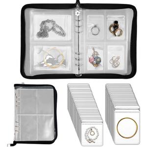 Travel Jewelry Organizer Transparent Jewelry Storage Book Set with Anti-oxidation Pocket Traveling Necklace Earring Organizer for Ring, Bracelets, Postcard (120 Grids +75 Thicken PVC Zipper Bags) (Black)
