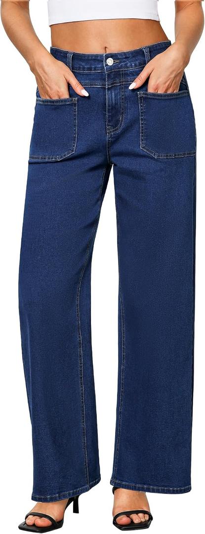 GRAPENT Wide Leg Jeans for Women Trendy High Waisted Loose Straight Leg Stretchy Retro Denim Pants with Pouch Pockets (Blue, S)