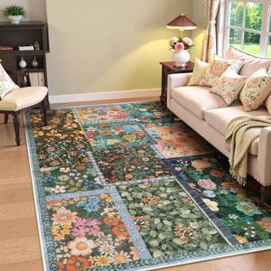 LIVEBOX 5x7 Washable Rug for Living Room, Soft Patchwork Dark Brown Rugs for Bedroom, Non Slip Ultra Thin Rug Botanical Stain Resistant Floor Carpet for Dining Room Home Office (Colorful)