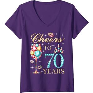 Womens Cheers to 70 Years, 70 Years Old Women, 70 Birthday Cute V-Neck T-Shirt, XXL