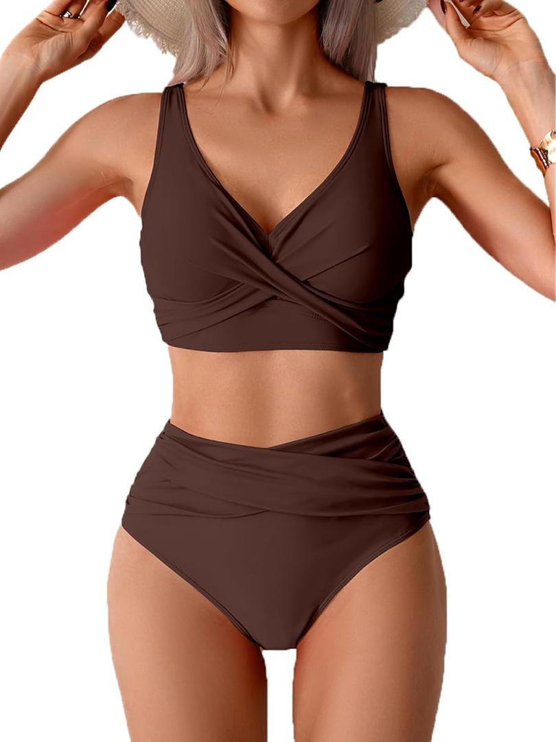 Fanuerg Women High Waisted Bikini Sets V Neck Cross Twist Front Two Piece Swimsuit Tummy Control Bathing Suit (Small, Coffee Brown)