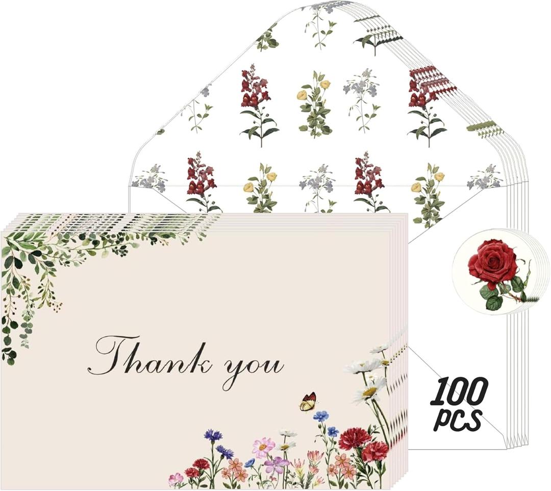 Thank You Cards with Envelopes, 100 Pack 4x6 Inch Vintage Flower Blank Notes, Elegant Floral Design, Thank You Cards for Birthday, Wedding, Anniversary