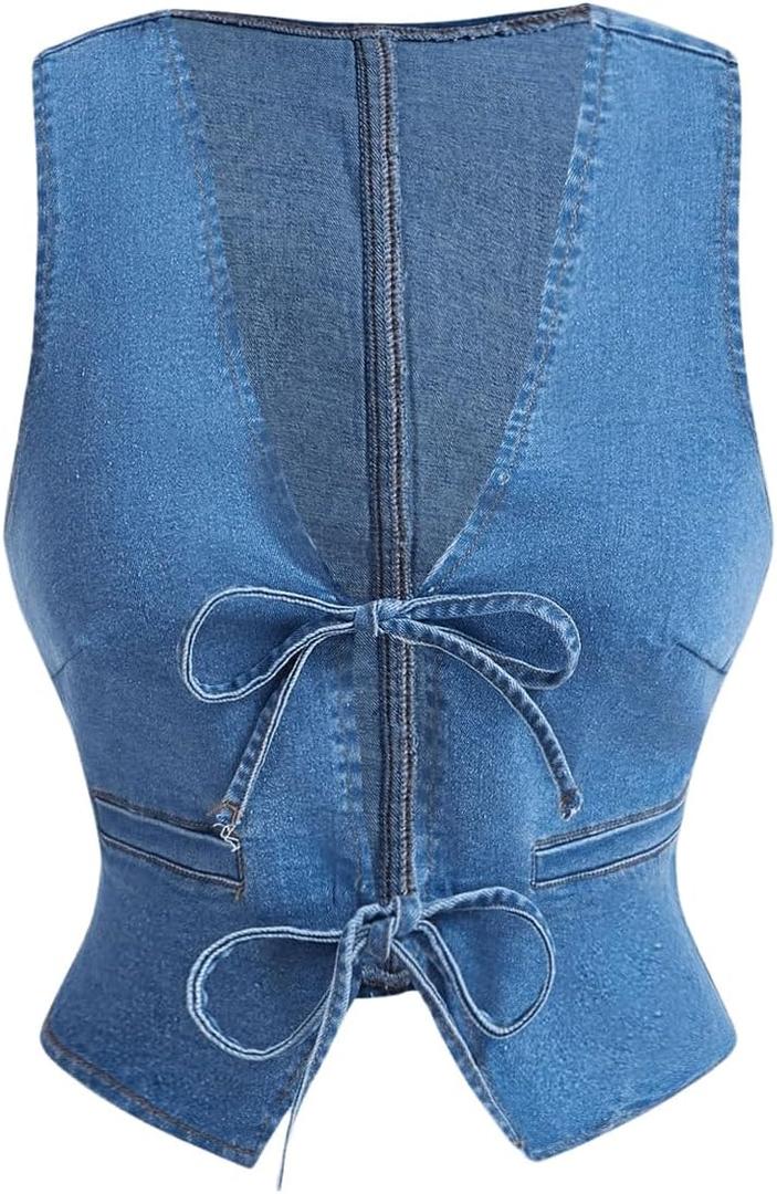 Women's Denim Crop Vest Shirts Tie Front Sleeveless Deep V Jean Waistcoast Tank Top Light Wash X-Large Women's Denim Crop Vest Shirts Tie Front Sleeveless Deep V Jean Waistcoast Tank Top Light Wash X-Large