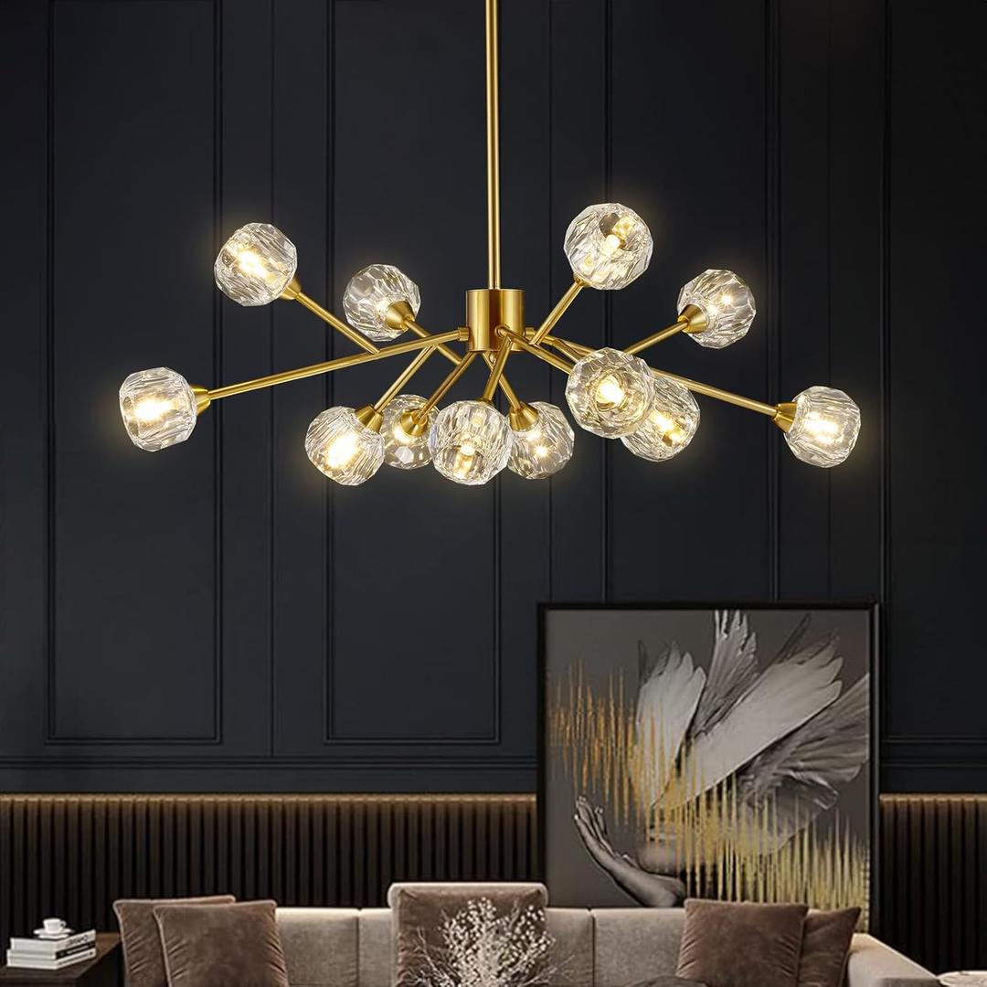Weesalife Sputnik Chandeliers Modern Crystal Pendant Lighting Gold Chandelier 12 Lights Mid Century Ceiling Light Fixtures for Dining Room Kitchen Island Living Room Bedroom Bar, D36" - 12 Lights